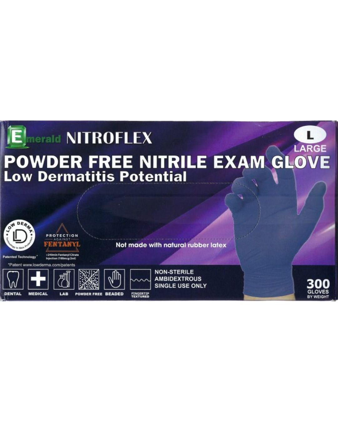 Box of Emerald Nitroflex powder-free nitrile exam gloves on a white background