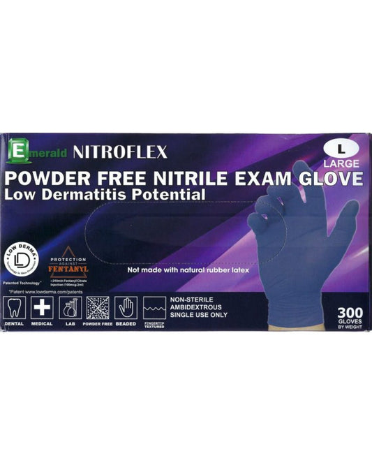 Box of Emerald Nitroflex powder-free nitrile exam gloves on a white background