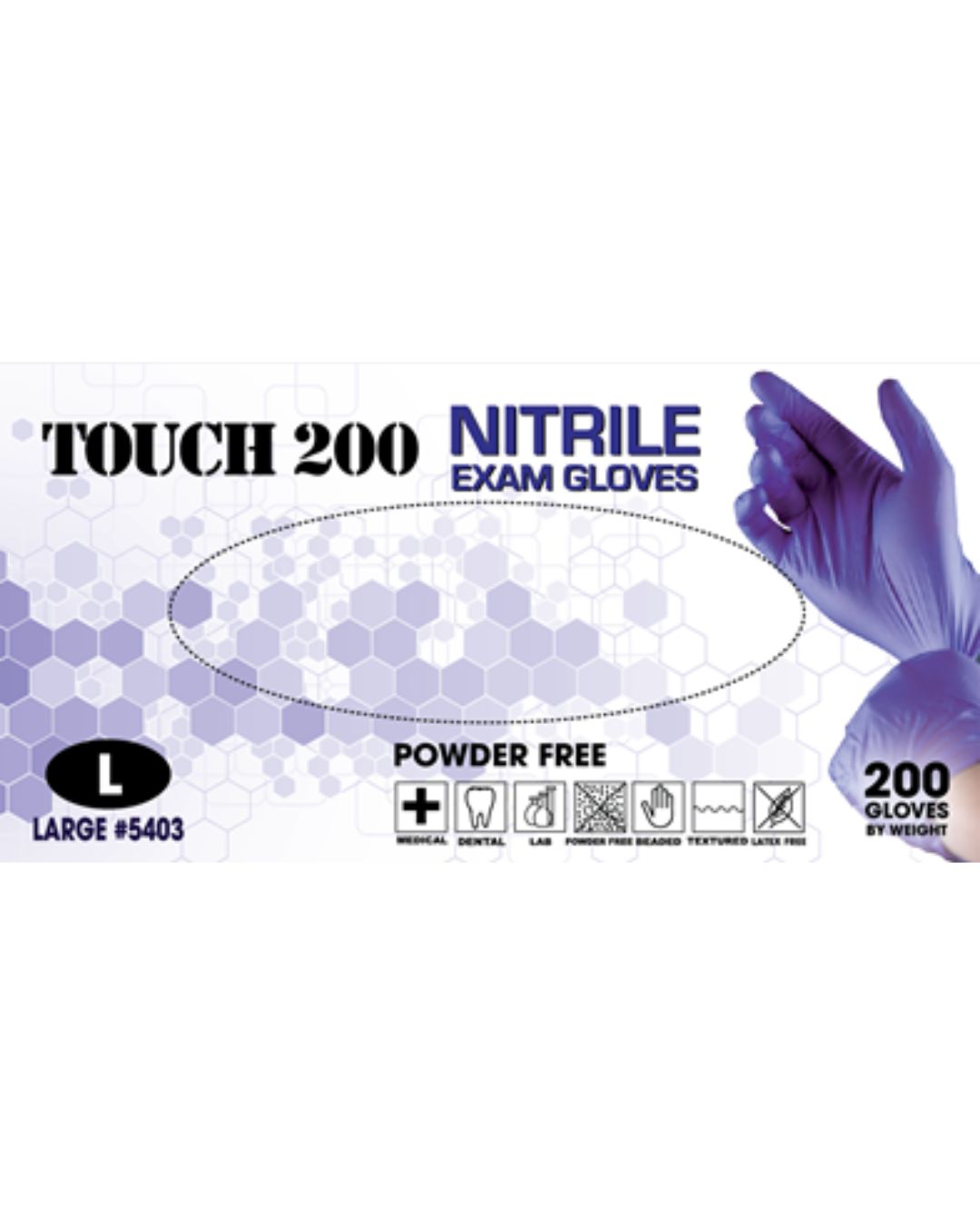 Box of Emerald Touch 200 nitrile exam gloves, latex-free and powder-free, with textured fingertips for grip. 3 mil thickness for durability, ideal for dental, lab, or general use.