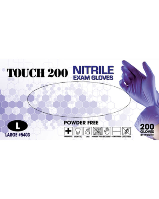 Box of Emerald Touch 200 nitrile exam gloves, latex-free and powder-free, with textured fingertips for grip. 3 mil thickness for durability, ideal for dental, lab, or general use.