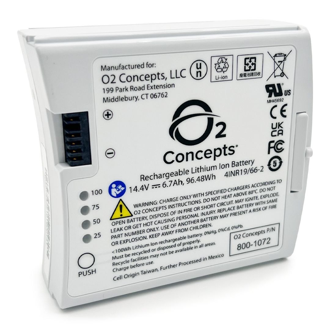 O2 Concepts rechargeable lithium ion battery with label and branding