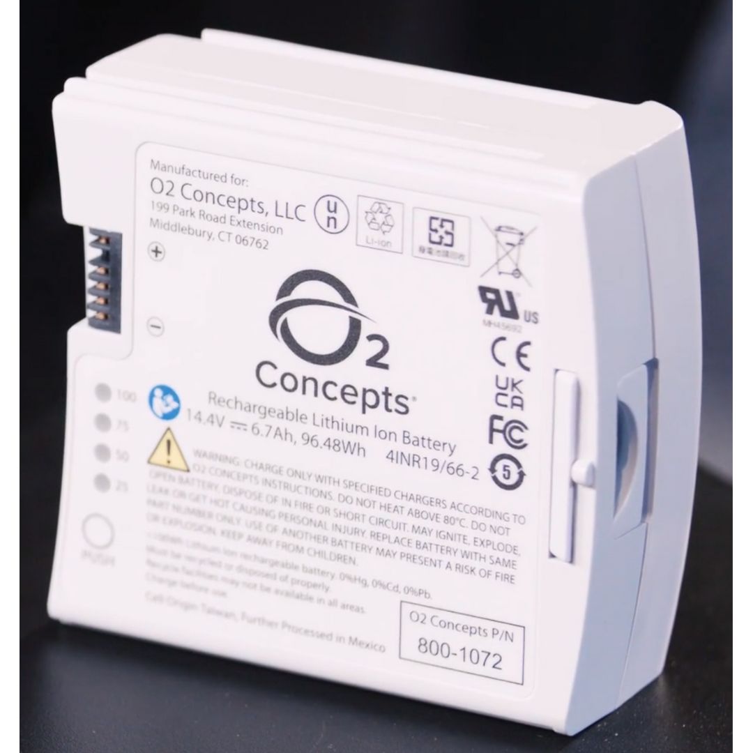 OxLife Liberty Battery is lightweight, rechargeable battery and will last up to 4 hours on a pulse setting of 2 or 1.5 hours on a continuous setting of 1.5.