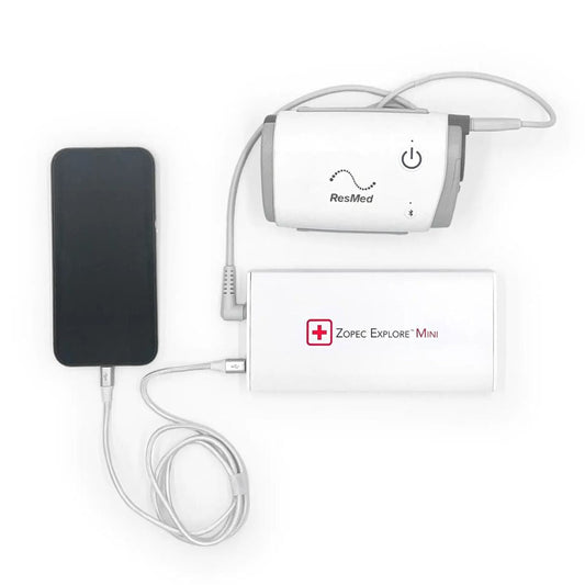 Zopec Explore Mini CPAP battery - world's smallest 1-pound medical-grade power source for ResMed/Philips machines, shown next to AirMini for size comparison